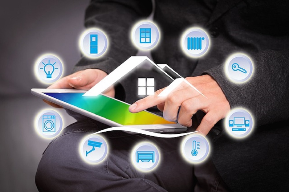 Home automation control app showing smart lighting and security controls